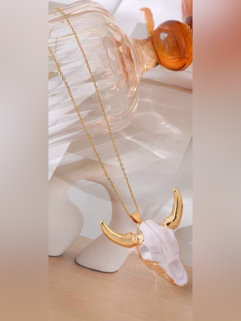 Western Necklace Gold and White Bull Head Pendant Necklace - Women Jewelry